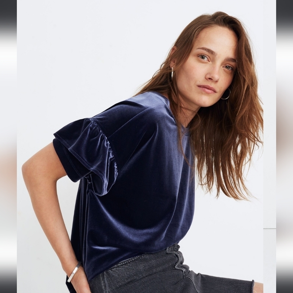 Madewell Velvet Ruffle Sleeve Top Size Small Blue - Picture 1 of 6